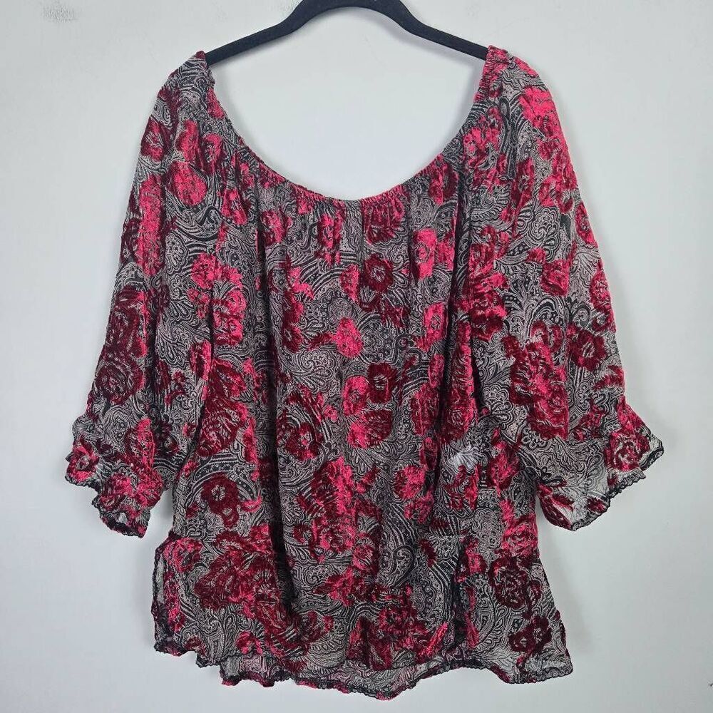 Democracy Womens Velvet Burnout Sheer Top 2X Red Black Off Shoulder Whimsigoth